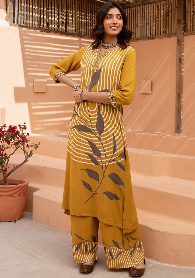 Yellow Printed Blended Kurta Set - Indya