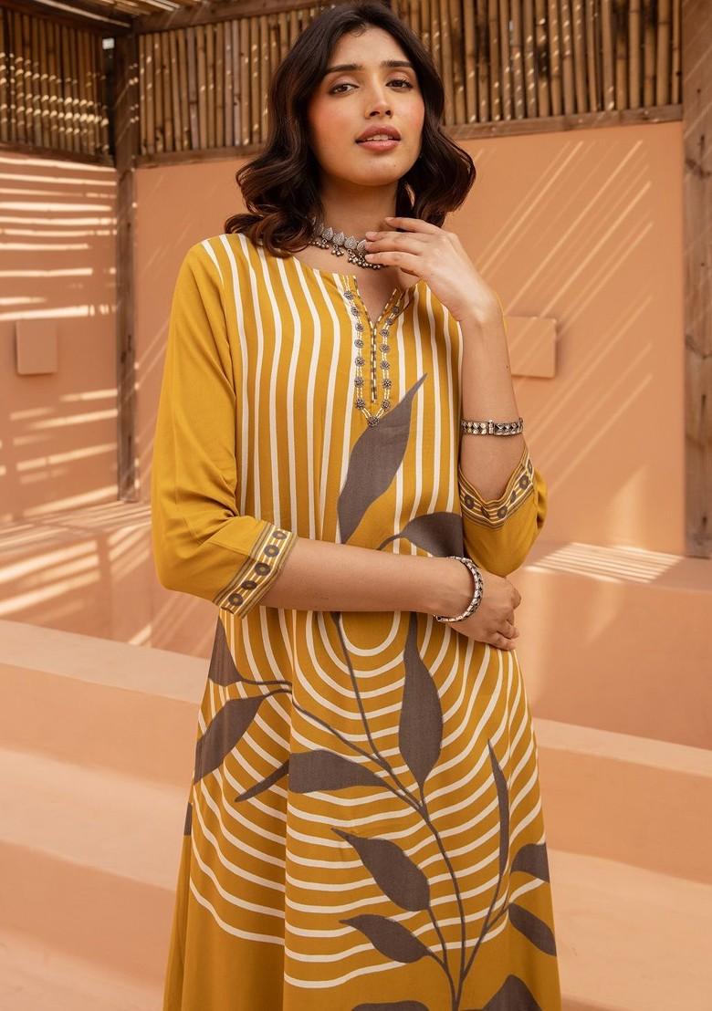 Yellow Printed Blended Kurta Set - Indya