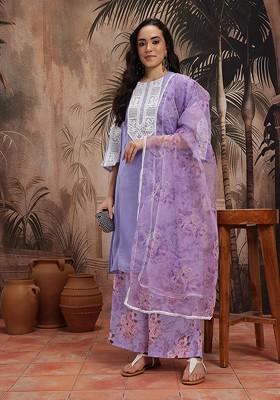 Lavender Embroidered Blended Kurta Set