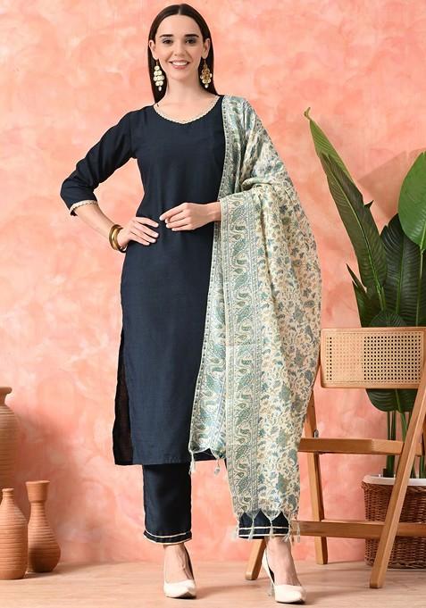 Blue Printed Blended Kurta Set