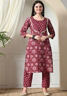 Maroon Printed Blended Kurta Set