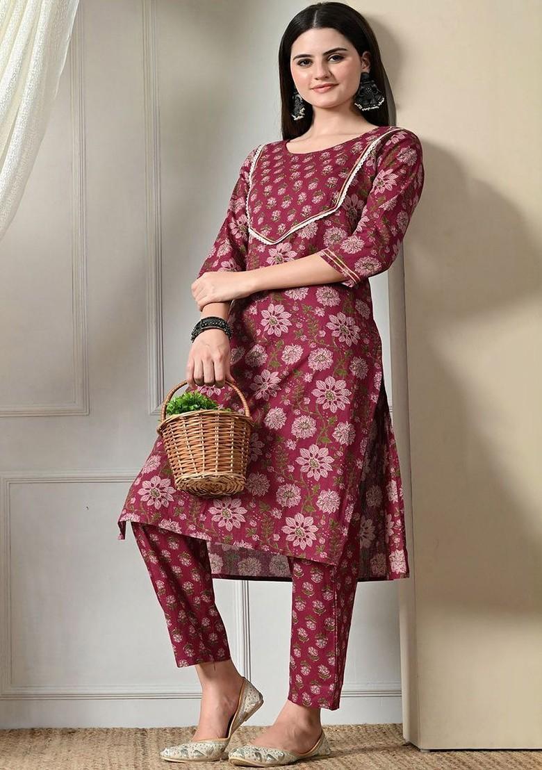 Maroon Printed Blended Kurta Set - Indya