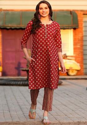 Red Printed Blended Kurta Set