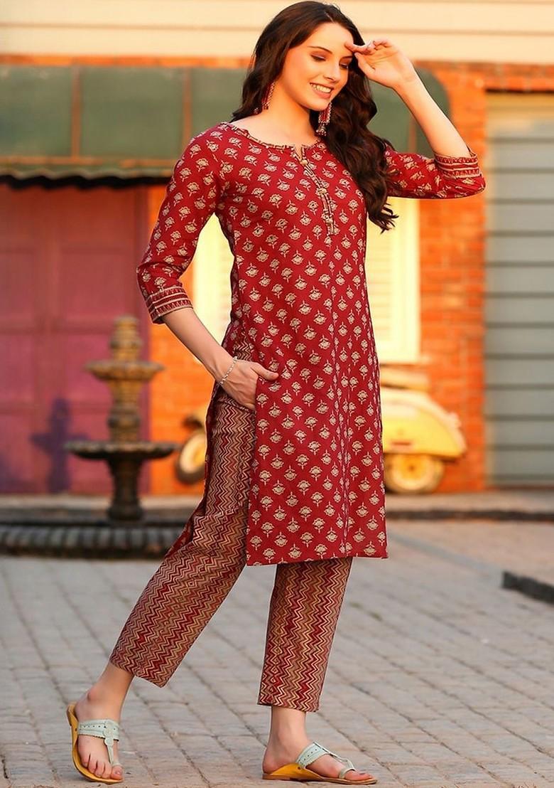 Red Printed Blended Kurta Set - Indya