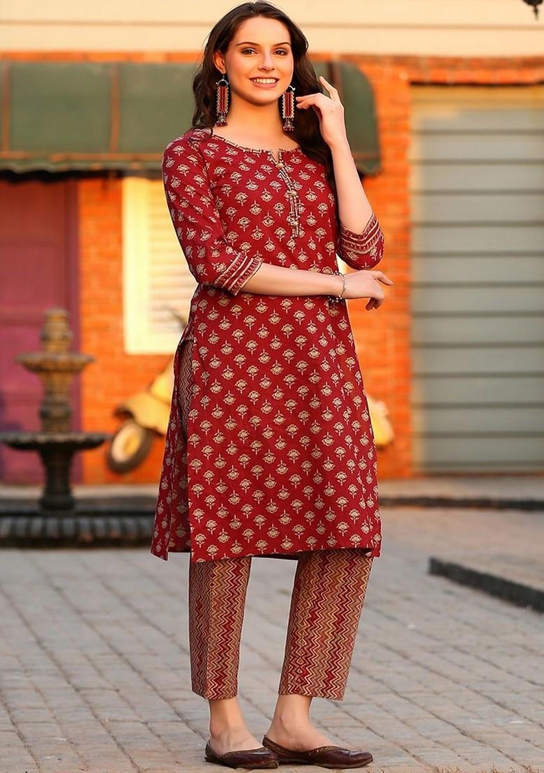Red Printed Blended Kurta Set - Indya