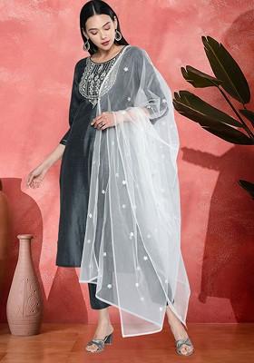 Grey Embroidered Blended Kurta Set