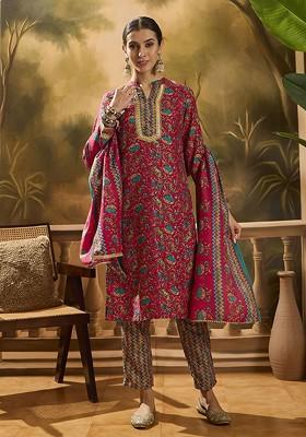 Magenta Printed Blended Kurta Set