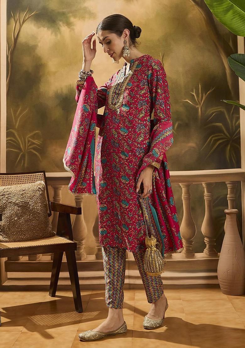 Magenta Printed Blended Kurta Set - Indya