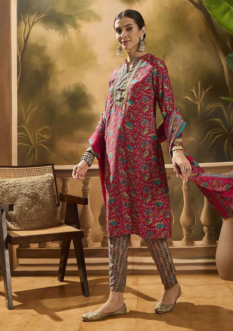 Magenta Printed Blended Kurta Set - Indya