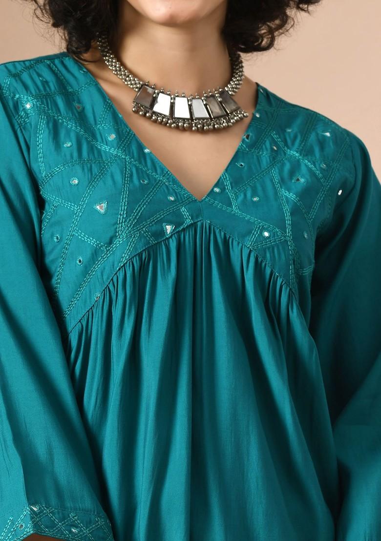 Teal Embroidered Blended Kurta Set - Indya