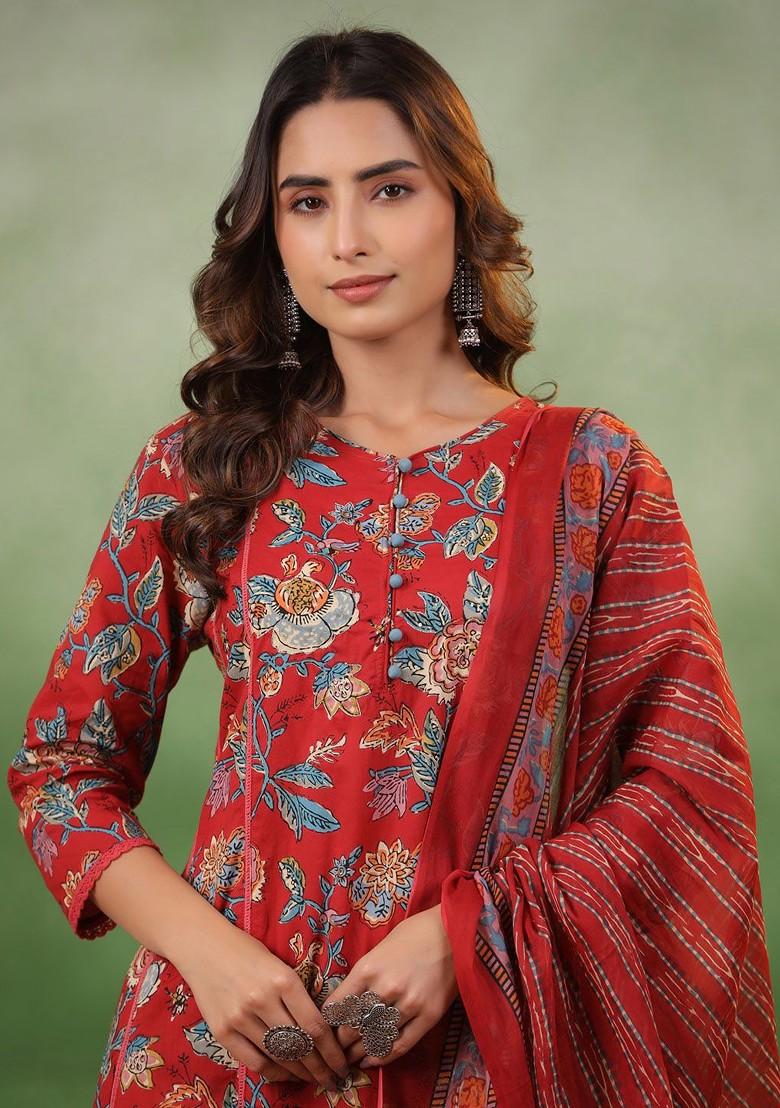 Maroon Printed Blended Kurta Set - Indya