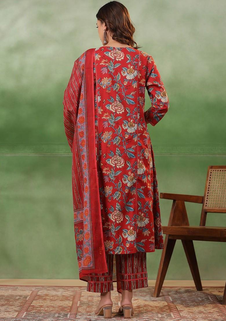 Maroon Printed Blended Kurta Set - Indya