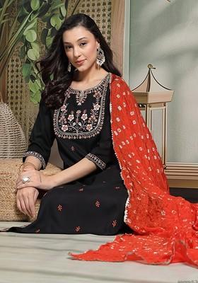 Black Embroidered Blended Kurta Set