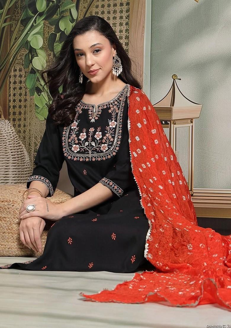 Black Embroidered Blended Kurta Set - Indya