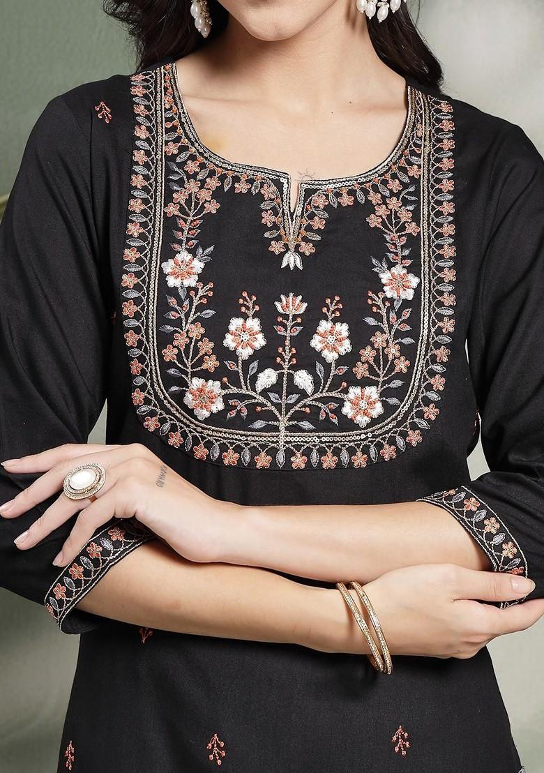 Black Embroidered Blended Kurta Set - Indya