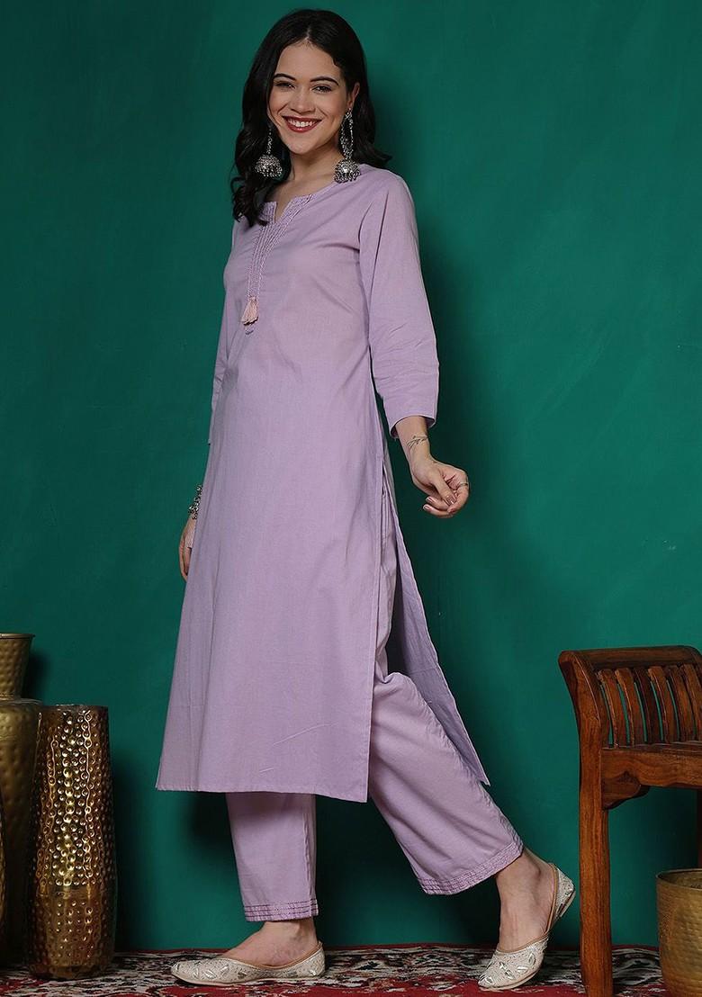 Lavender Yoke Design Blended Kurta Set - Indya