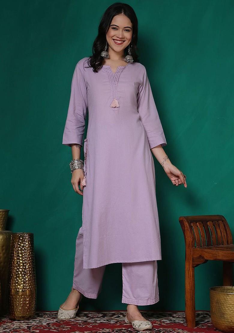 Lavender Yoke Design Blended Kurta Set - Indya