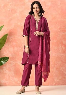 Magenta Embroidered Blended Kurta Set