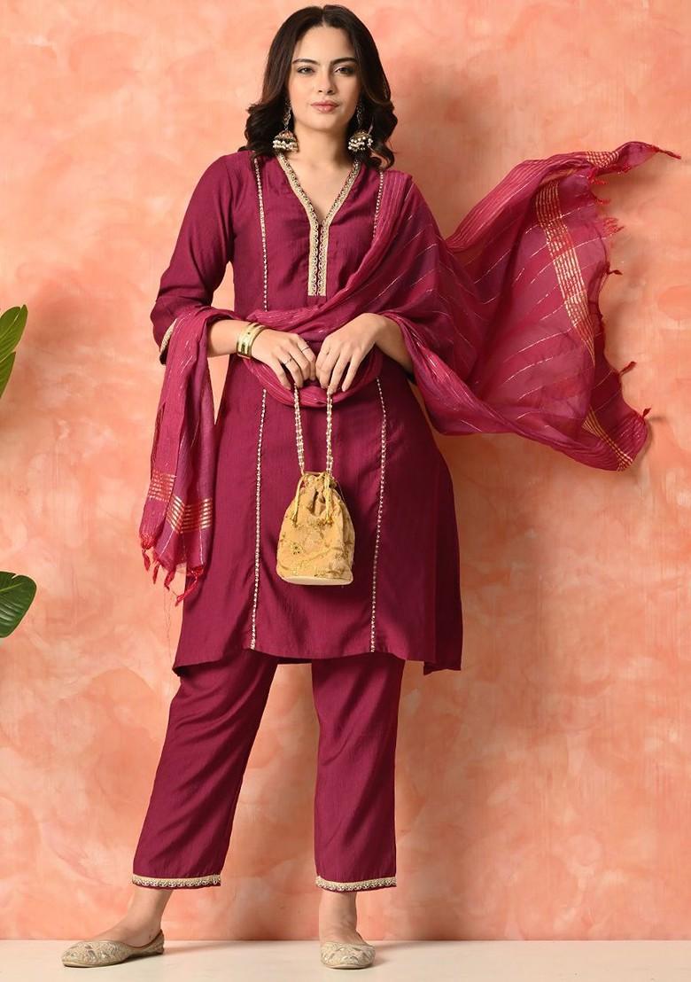 Magenta Embroidered Blended Kurta Set - Indya