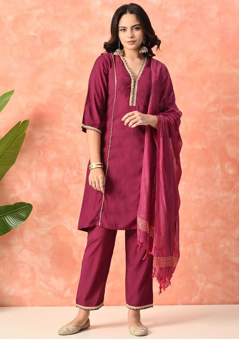 Magenta Embroidered Blended Kurta Set - Indya