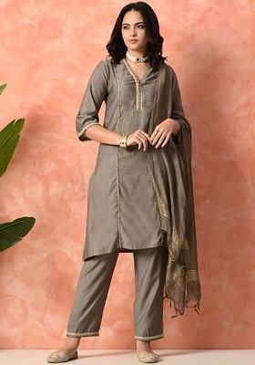 Grey Embroidered Blended Kurta Set