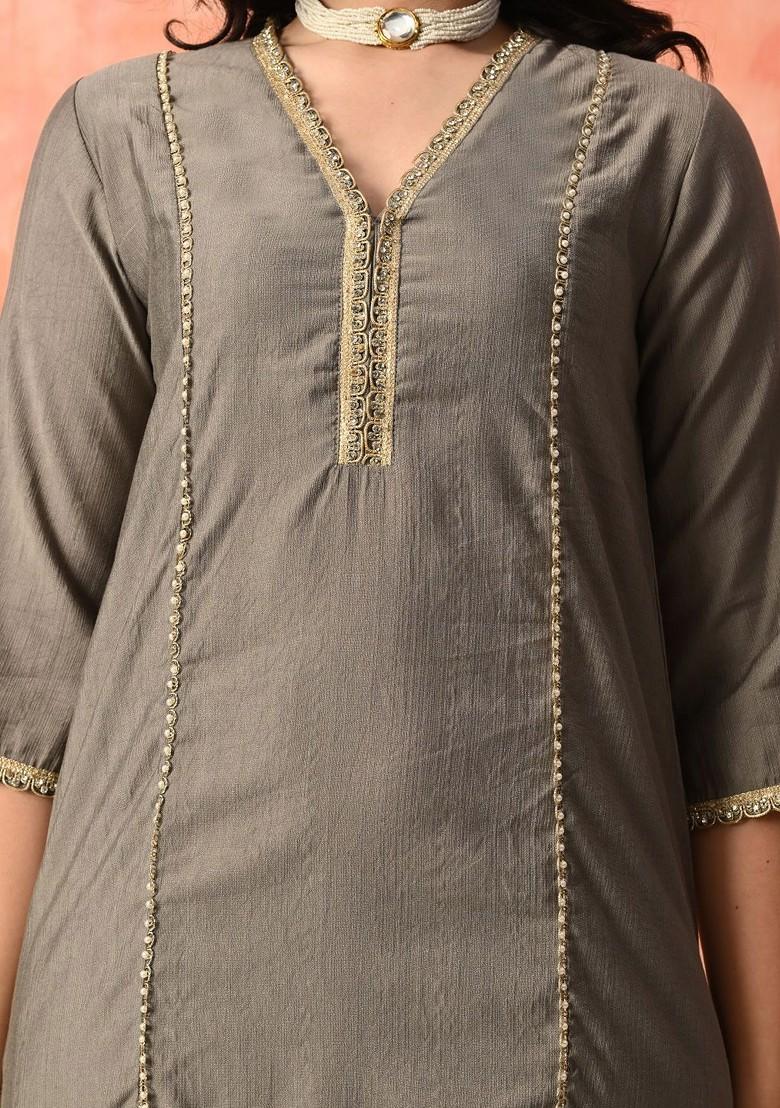 Grey Embroidered Blended Kurta Set - Indya