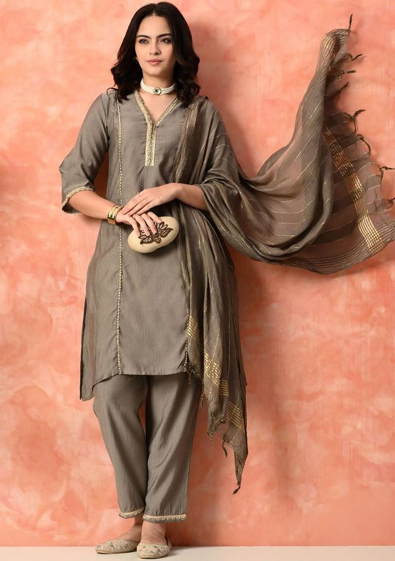 Grey Embroidered Blended Kurta Set - Indya