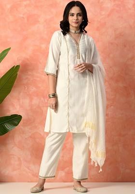 White Solid Blended Kurta Set