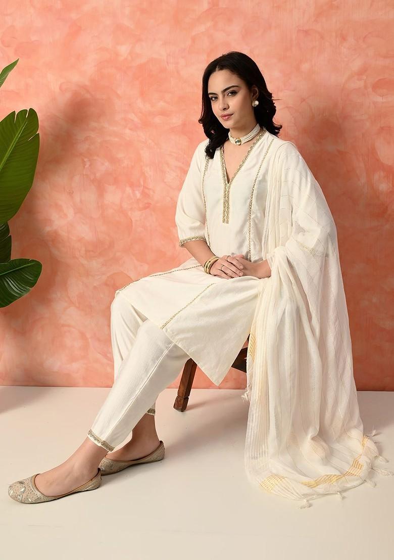 White Solid Blended Kurta Set - Indya