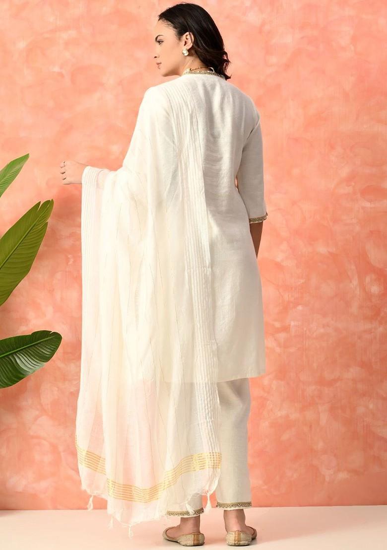 White Solid Blended Kurta Set - Indya