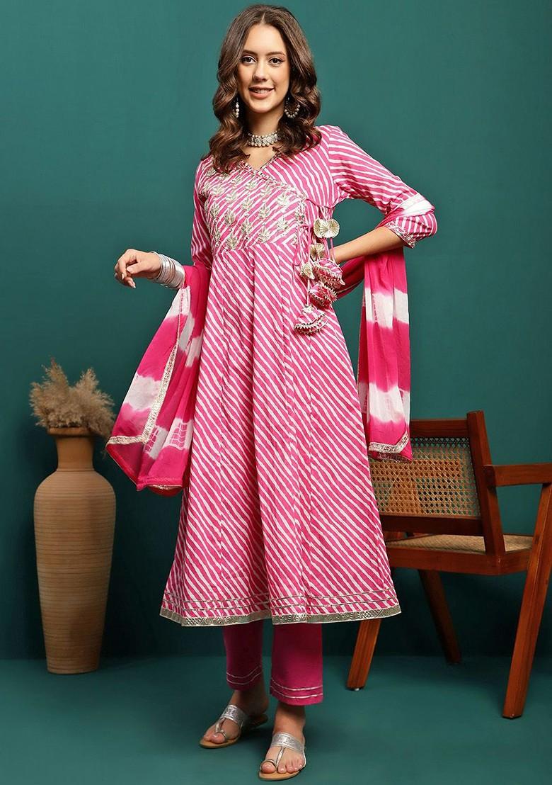 Pink Printed Blended Kurta Set - Indya