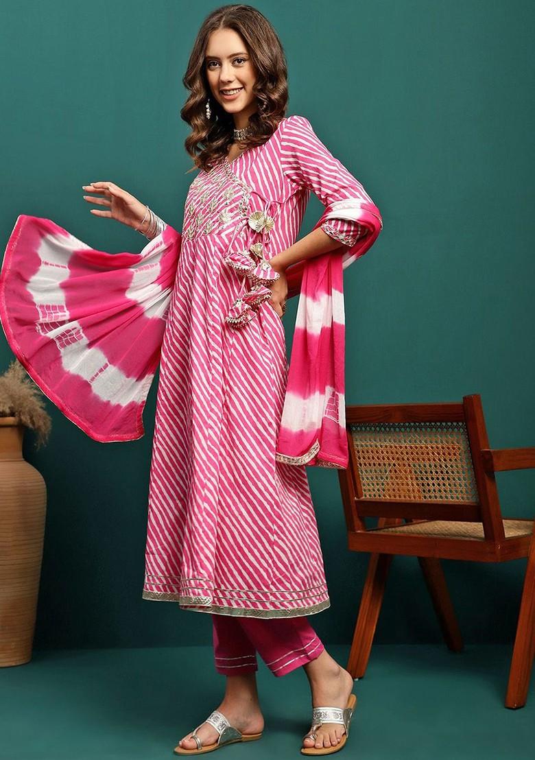 Pink Printed Blended Kurta Set - Indya
