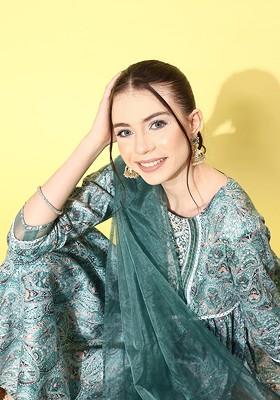 Sea Green Printed Blended Kurta Set