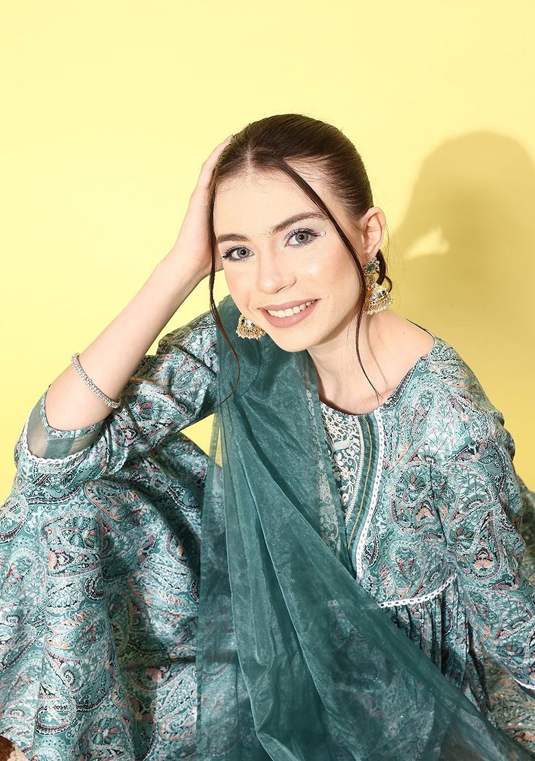 Sea Green Printed Blended Kurta Set - Indya