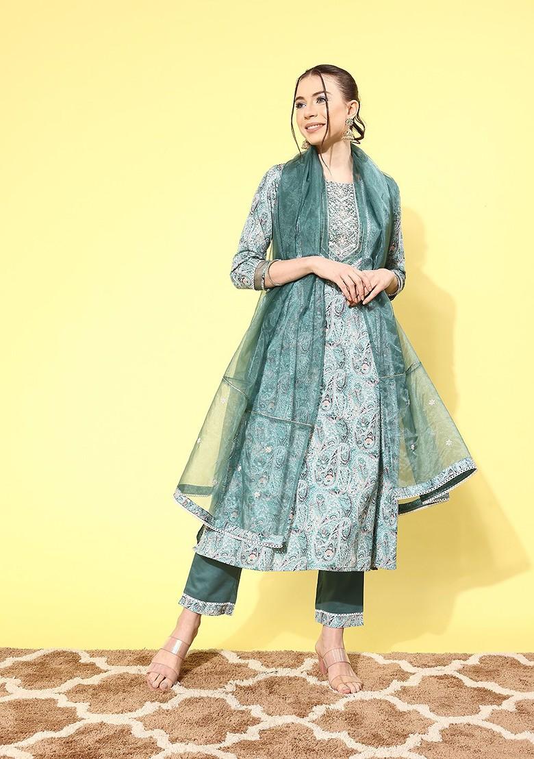 Sea Green Printed Blended Kurta Set - Indya