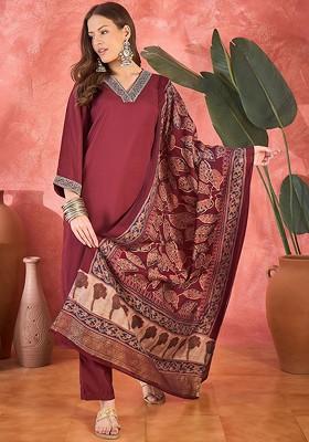 Maroon Printed Blended Kurta Set