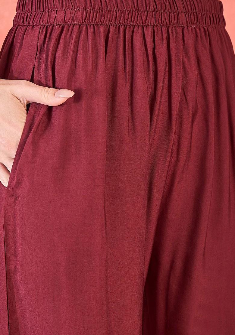 Maroon Printed Blended Kurta Set - Indya