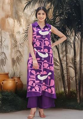Purple Printed Blended Kurta Set