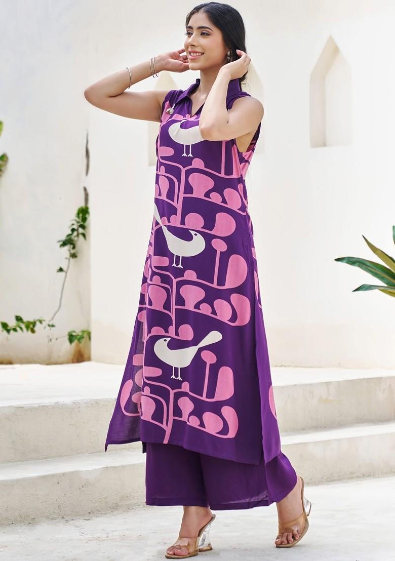 Purple Printed Blended Kurta Set - Indya