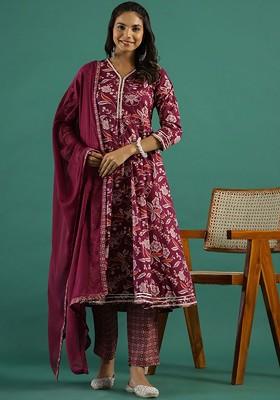 Magenta Printed Blended Kurta Set