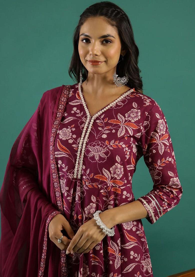 Magenta Printed Blended Kurta Set - Indya