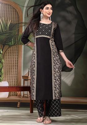 Black Embroidered Blended Kurta Set