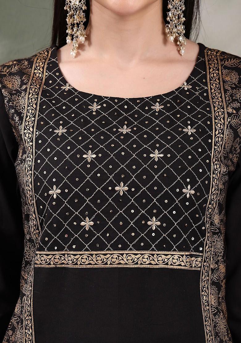 Black Embroidered Blended Kurta Set - Indya