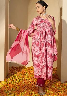 Pink Printed Blended Kurta Set