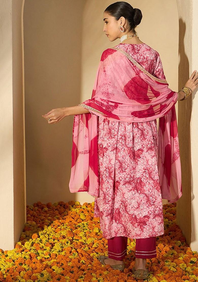 Pink Printed Blended Kurta Set - Indya