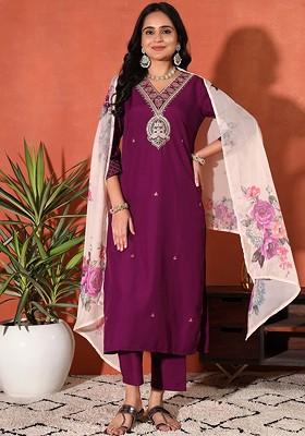 Magenta Embroidered Blended Kurta Set
