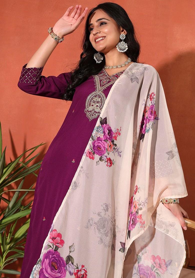 Magenta Embroidered Blended Kurta Set - Indya