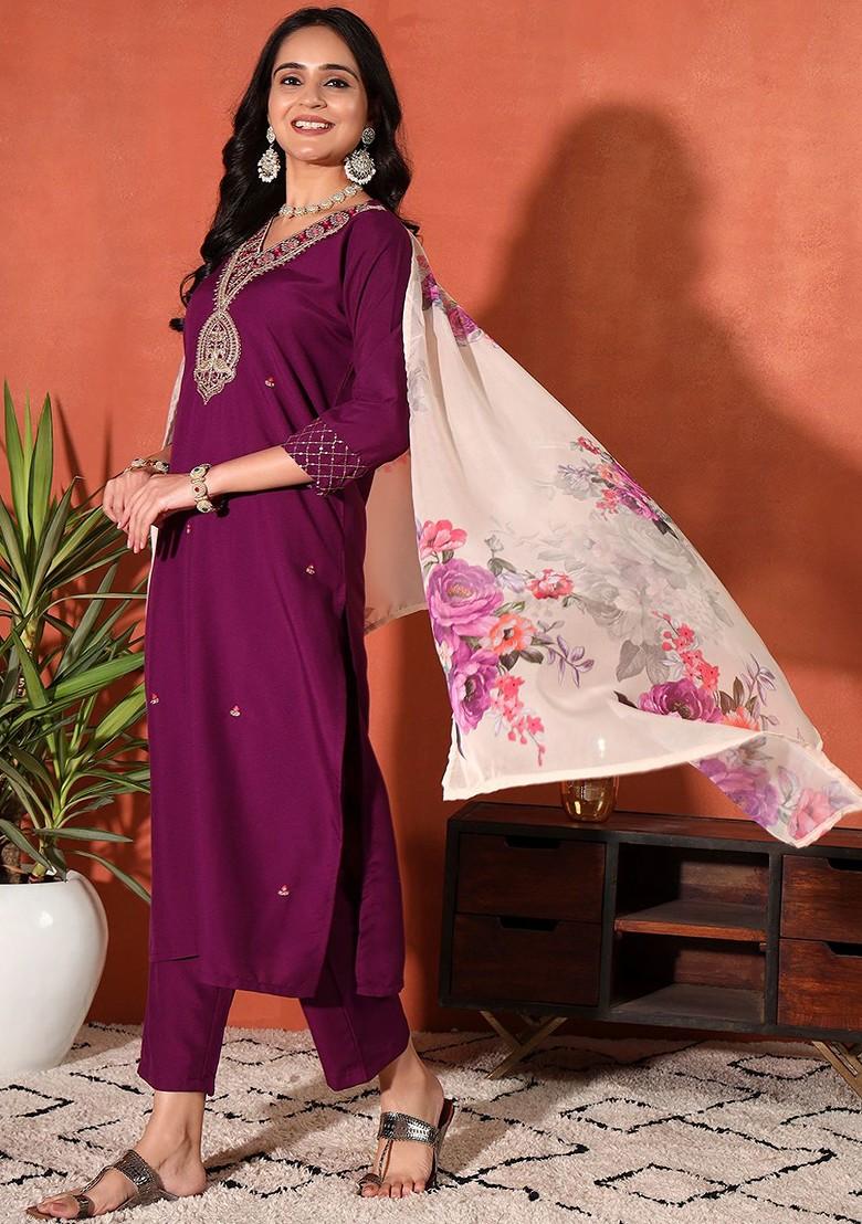 Magenta Embroidered Blended Kurta Set - Indya