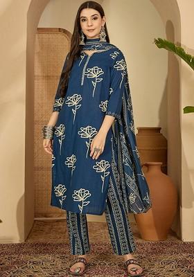 Teal Printed Blended Kurta Set
