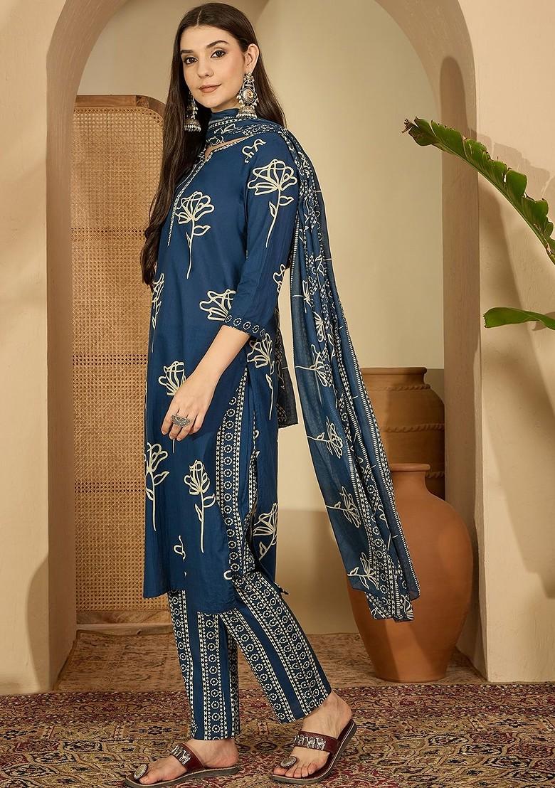 Teal Printed Blended Kurta Set - Indya